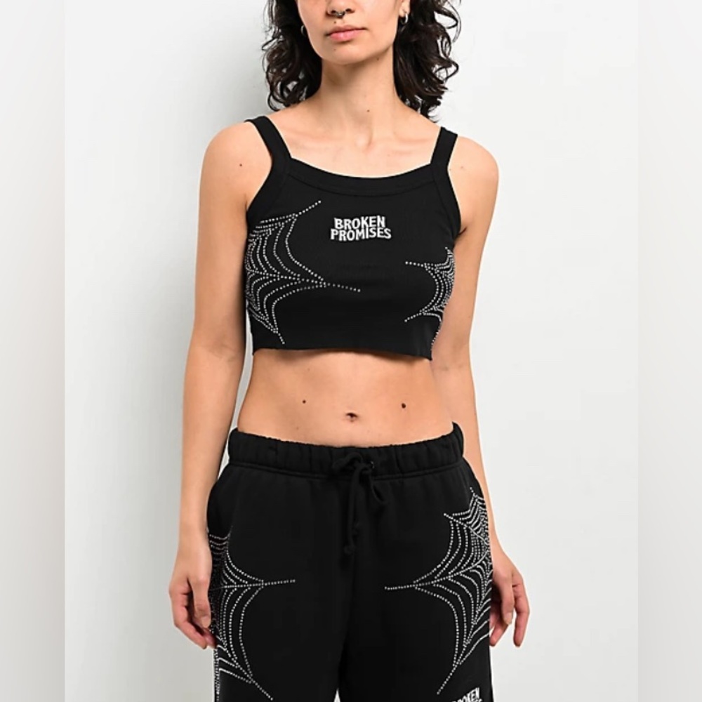 NWT Broken Promises Stoned Web Rhinestone Tank Top
